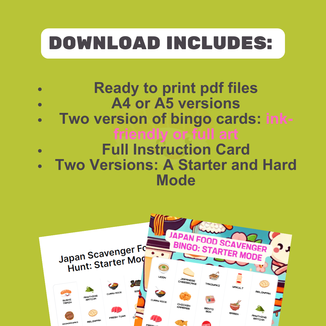 Food in Japan Scavenger Bingo Game – Go On A Food Adventure With Different Modes + Variations