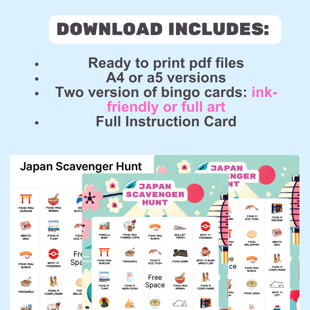 Japan Scavenger Hunt Bingo Game – Fun Travel Activity for Kids & Adults!